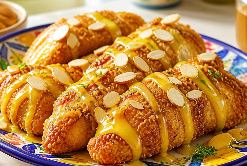 Pollo crujiente con almendras, miel y mostaza